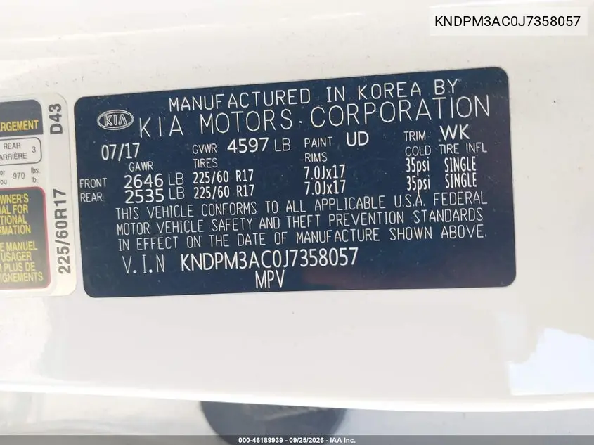 2018 KIA SPORTAGE VIN KNDPM3AC0J7358057 — фото 9