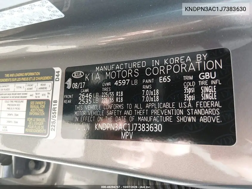 2018 KIA SPORTAGE VIN KNDPN3AC1J7383630 — фото 9