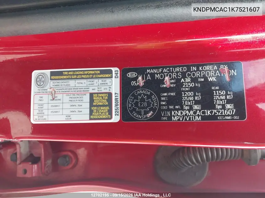 2019 KIA SPORTAGE VIN KNDPMCAC1K7521607 — фото 20