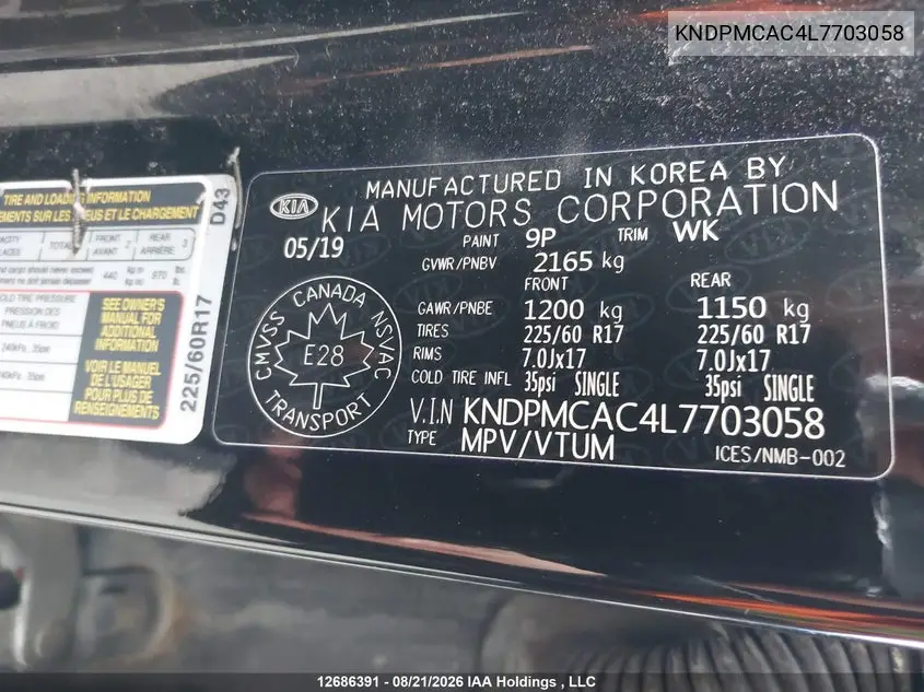 2020 KIA SPORTAGE VIN KNDPMCAC4L7703058 — фото 20