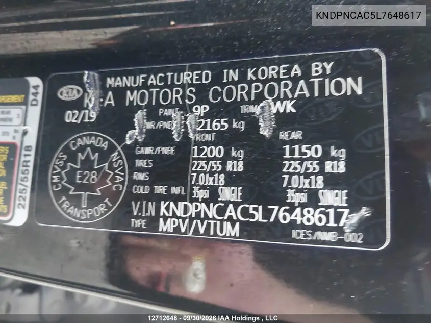 2020 KIA SPORTAGE VIN KNDPNCAC5L7648617 — фото 9
