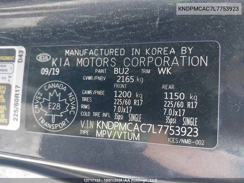 2020 KIA SPORTAGE VIN KNDPMCAC7L7753923 — фото 9