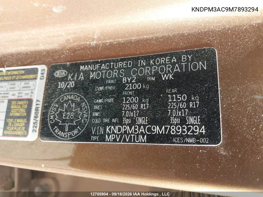 2021 KIA SPORTAGE VIN KNDPM3AC9M7893294 — фото 9