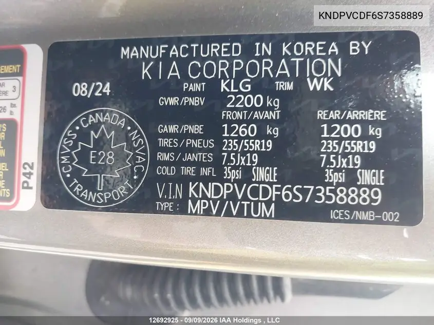 2025 KIA SPORTAGE VIN KNDPVCDF6S7358889 — фото 9