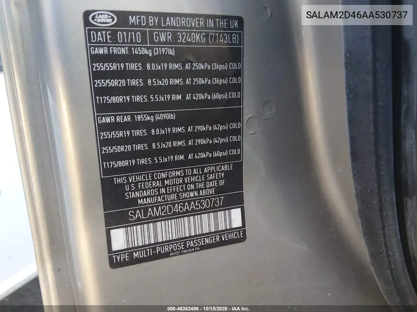 2010 LAND ROVER LR4 VIN SALAM2D46AA530737 — фото 9