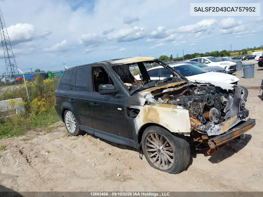 LAND ROVER RANGE ROVER SPORT 2012, VIN SALSF2D43CA757952
