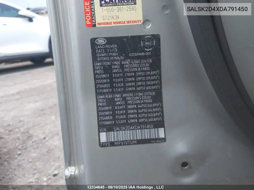 2013 LAND ROVER RANGE ROVER SPORT VIN SALSK2D4XDA791450 — фото 9