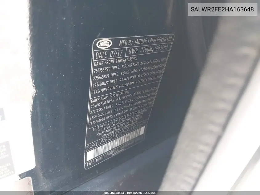 2017 LAND ROVER RANGE ROVER SPORT VIN SALWR2FE2HA163648 — фото 9