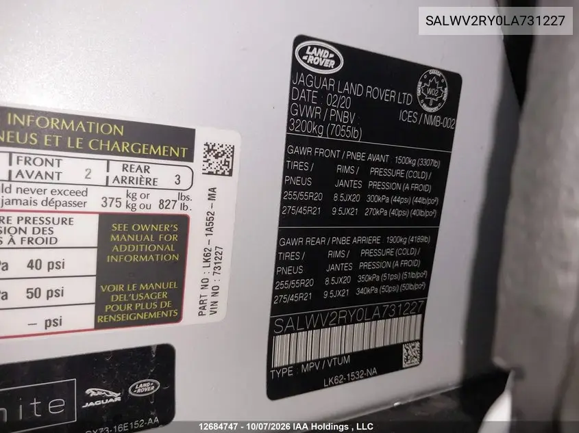 2020 LAND ROVER RANGE ROVER SPORT VIN SALWV2RY0LA731227 — фото 9