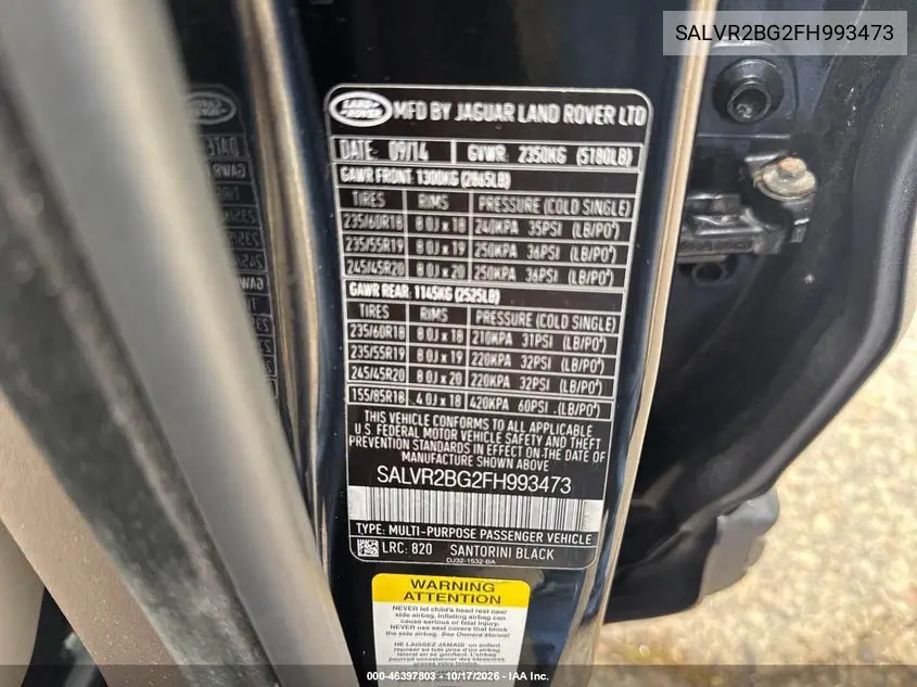 2015 LAND ROVER RANGE ROVER VIN SALVR2BG2FH993473 — фото 9