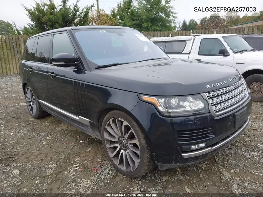 LAND ROVER RANGE ROVER 2016, VIN SALGS2EF8GA257003