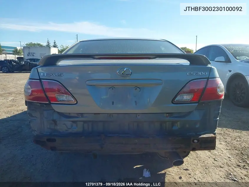 LEXUS ES 2003, VIN JTHBF30G230100092