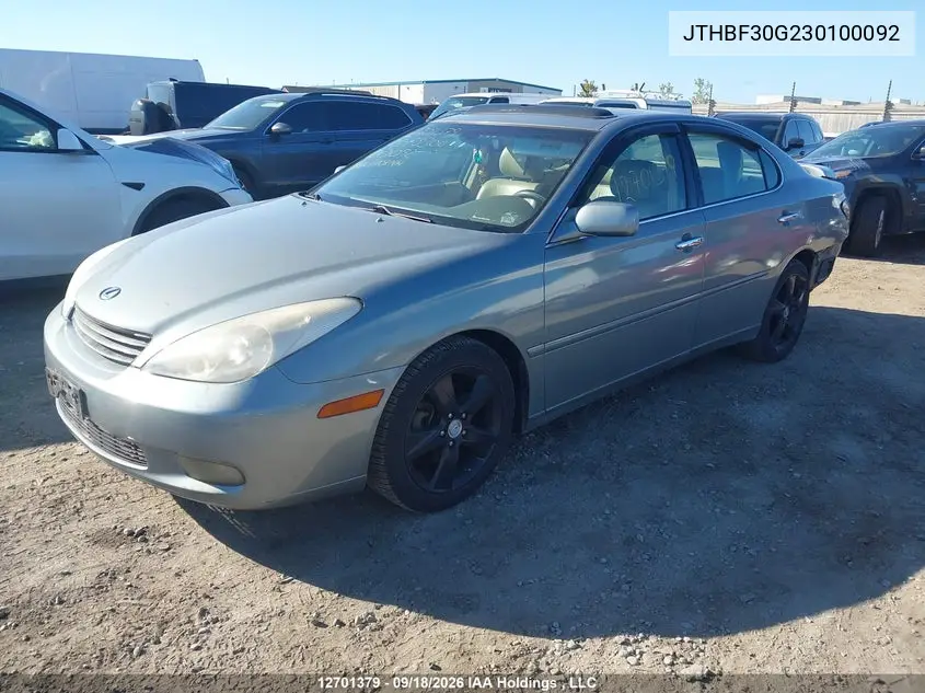 2003 LEXUS ES VIN JTHBF30G230100092 — фото 3