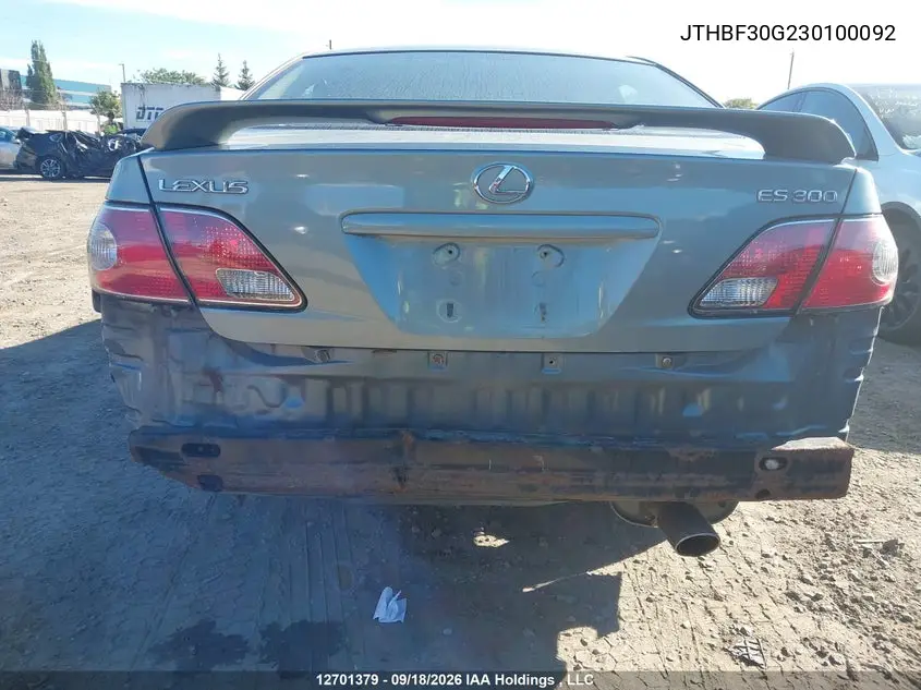 2003 LEXUS ES VIN JTHBF30G230100092 — фото 7