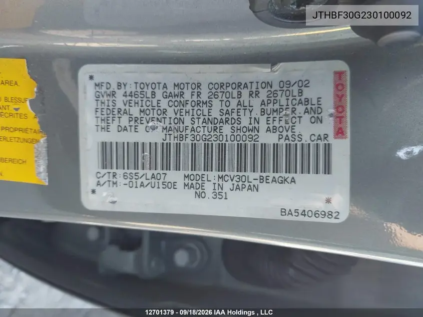 2003 LEXUS ES VIN JTHBF30G230100092 — фото 10