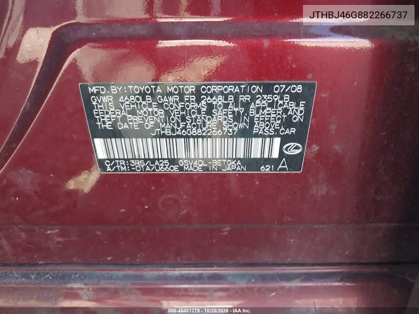 LEXUS ES 2008, VIN JTHBJ46G882266737