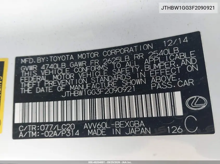 2015 LEXUS ES VIN JTHBW1GG3F2090921 — фото 9