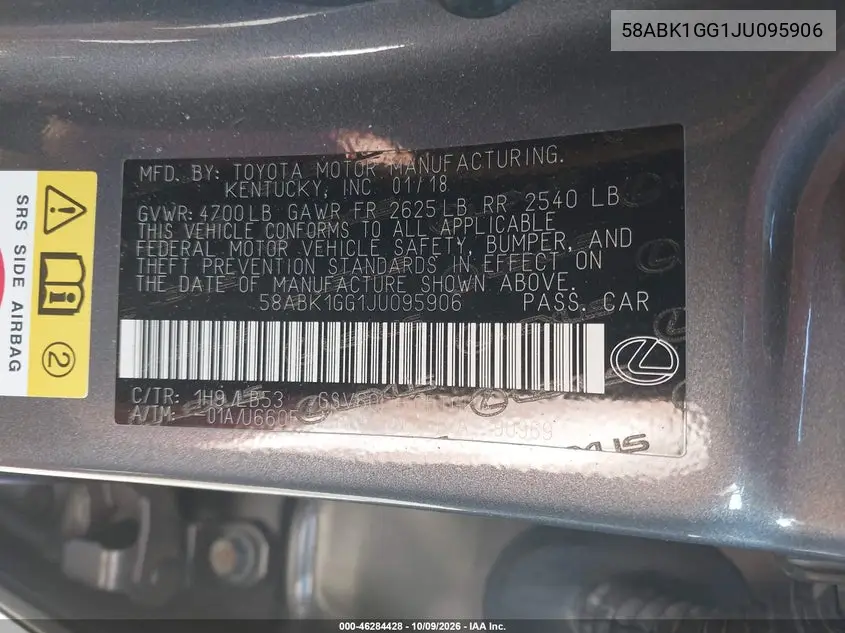 2018 LEXUS ES VIN 58ABK1GG1JU095906 — фото 9