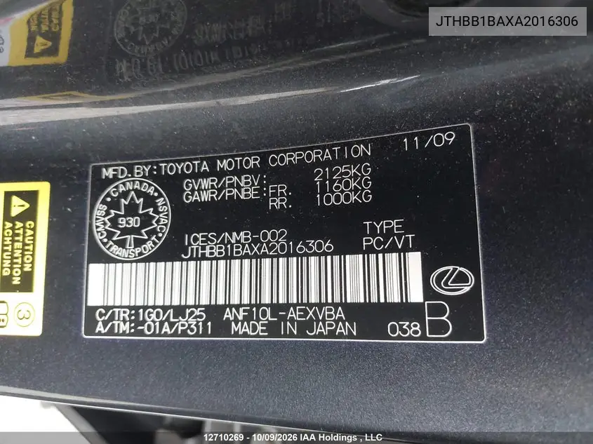 2010 LEXUS HS VIN JTHBB1BAXA2016306 — фото 9