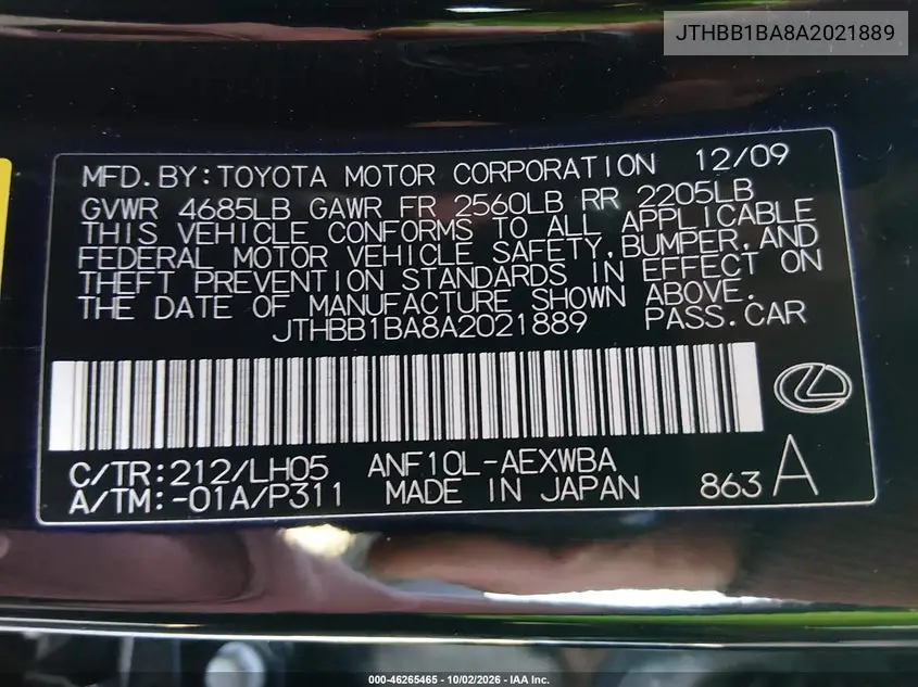 2010 LEXUS HS VIN JTHBB1BA8A2021889 — фото 9
