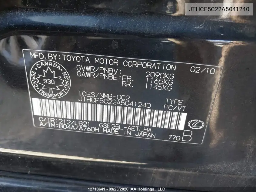 2010 LEXUS IS VIN JTHCF5C22A5041240 — фото 9