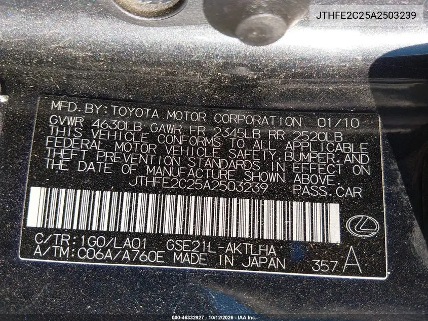 2010 LEXUS IS VIN JTHFE2C25A2503239 — фото 10