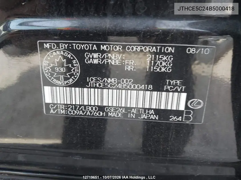 2011 LEXUS IS VIN JTHCE5C24B5000418 — фото 18