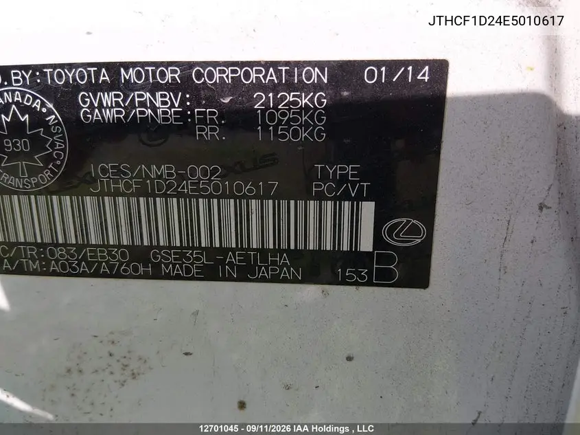 2014 LEXUS IS VIN JTHCF1D24E5010617 — фото 18