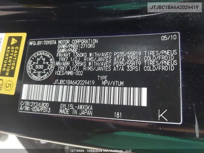 2010 LEXUS RX VIN JTJBC1BA6A2029419 — фото 9