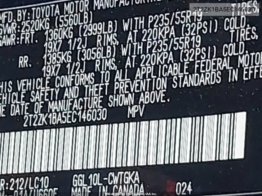 2014 LEXUS RX VIN 2T2ZK1BA5EC146030 — фото 9