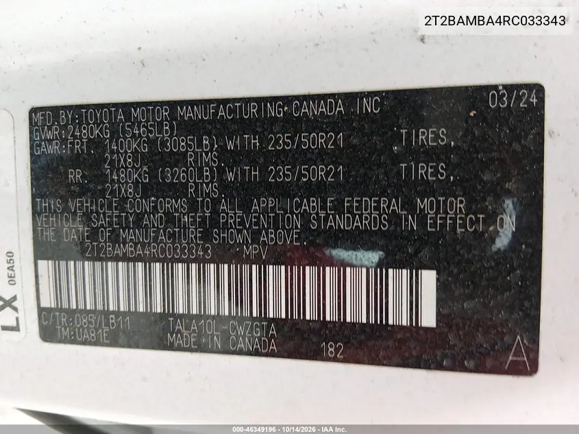 2024 LEXUS RX VIN 2T2BAMBA4RC033343 — фото 9