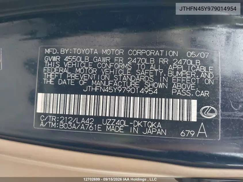 2007 LEXUS SC VIN JTHFN45Y979014954 — фото 9