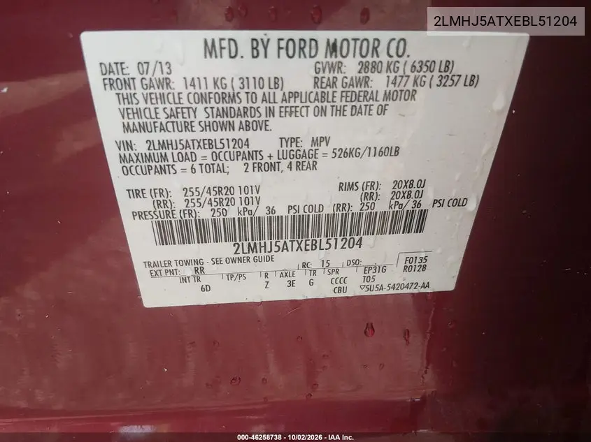 2014 LINCOLN MKT VIN 2LMHJ5ATXEBL51204 — фото 9