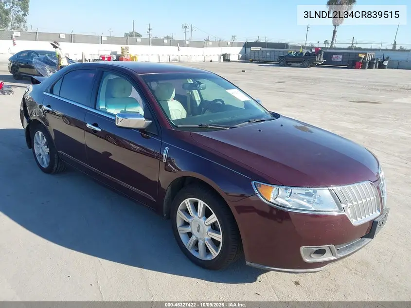LINCOLN MKZ 2012, VIN 3LNDL2L34CR839515