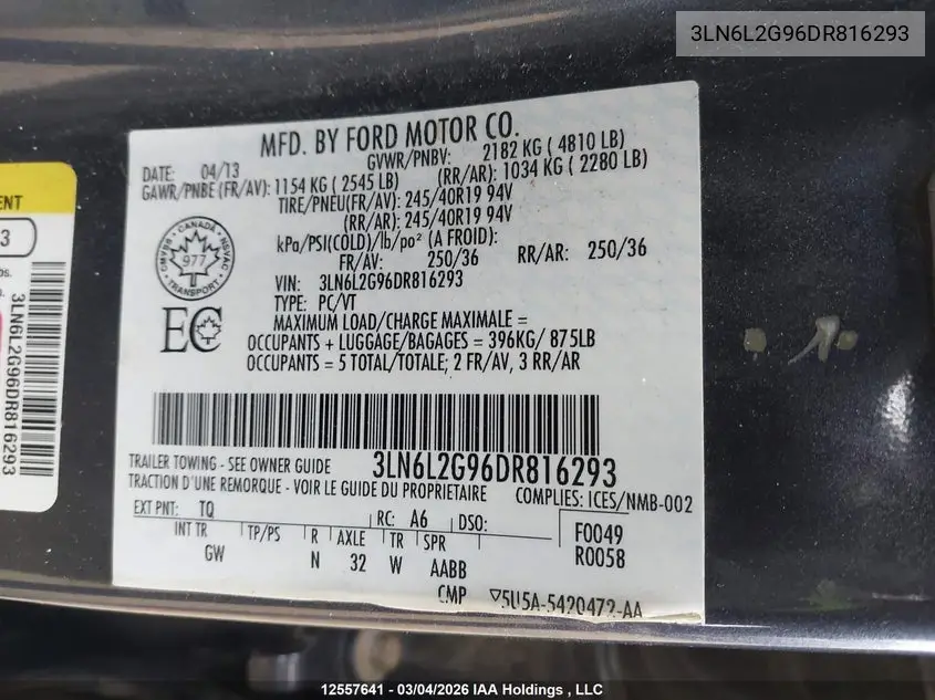 2013 LINCOLN MKZ VIN 3LN6L2G96DR816293 — фото 9