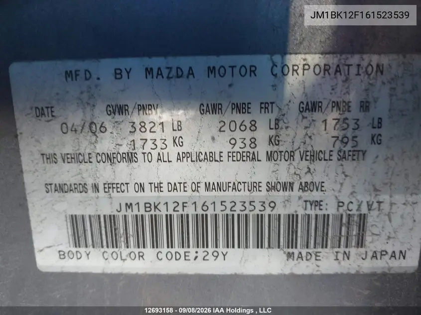 2006 MAZDA 3 VIN JM1BK12F161523539 — фото 9
