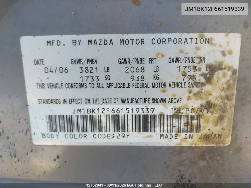2006 MAZDA 3 VIN JM1BK12F661519339 — фото 18