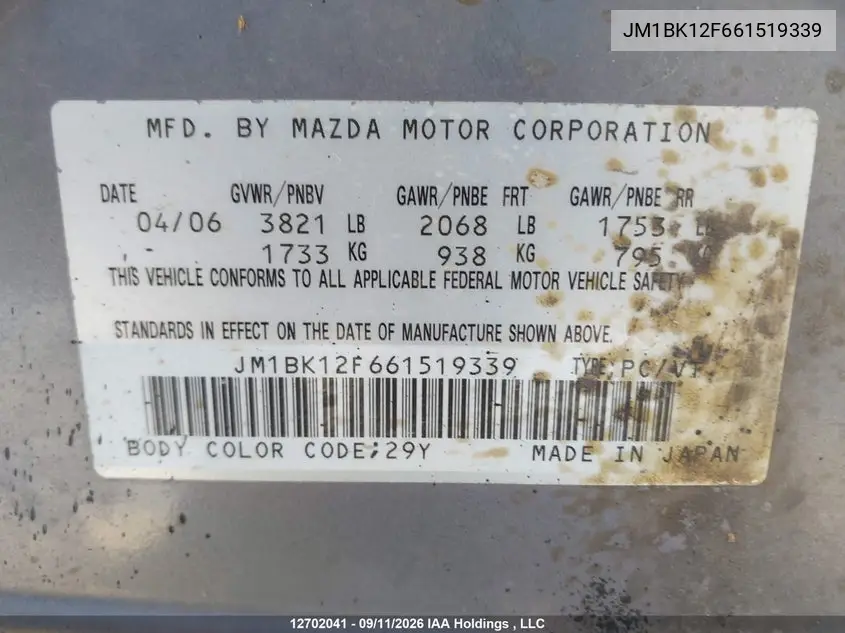 2006 MAZDA 3 VIN JM1BK12F661519339 — фото 9