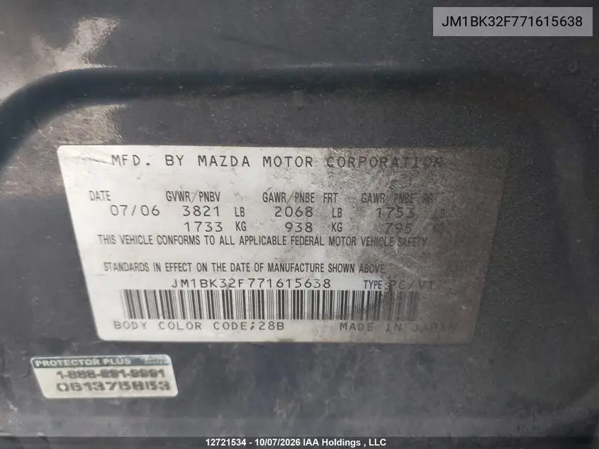 2007 MAZDA 3 VIN JM1BK32F771615638 — фото 9