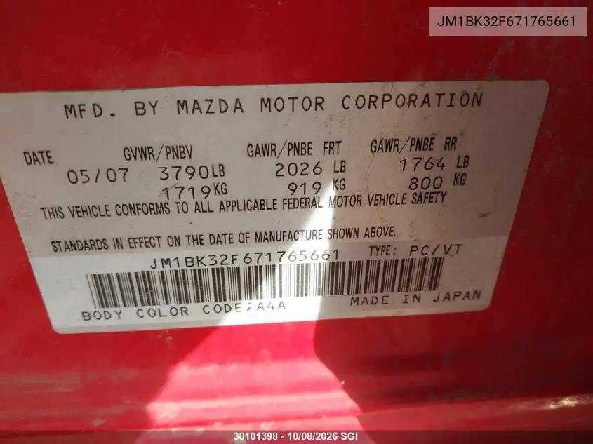 2007 MAZDA 3 VIN JM1BK32F671765661 — фото 9