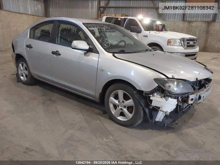 MAZDA 3 2008, VIN JM1BK32F281108342