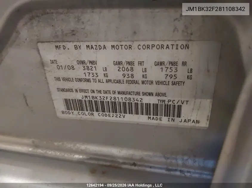 2008 MAZDA 3 VIN JM1BK32F281108342 — фото 20