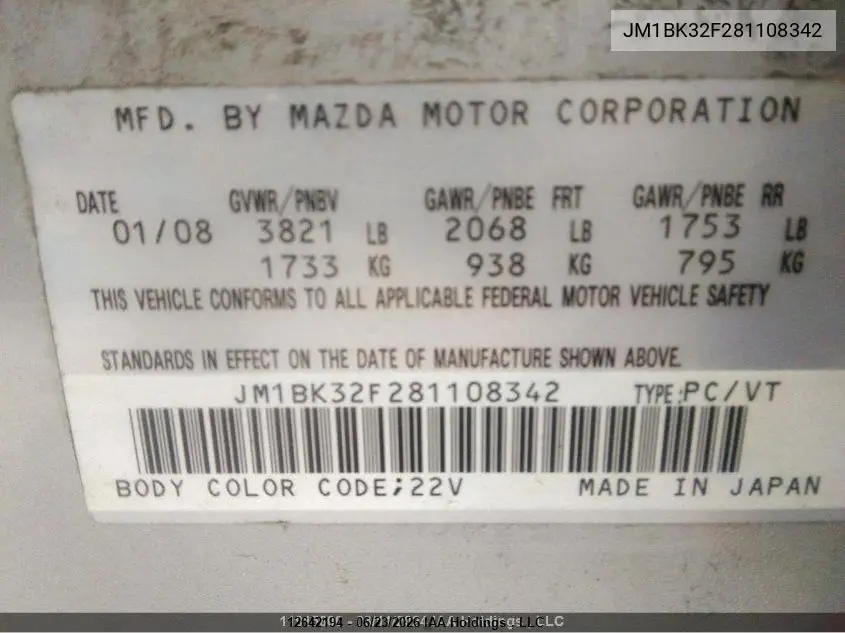 2008 MAZDA 3 VIN JM1BK32F281108342 — фото 9