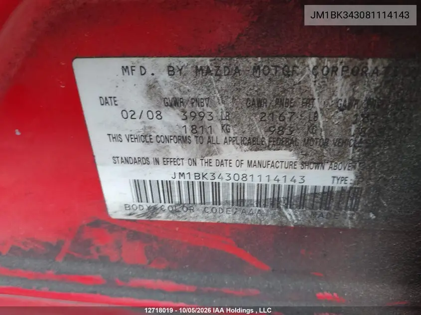 2008 MAZDA 3 VIN JM1BK343081114143 — фото 9