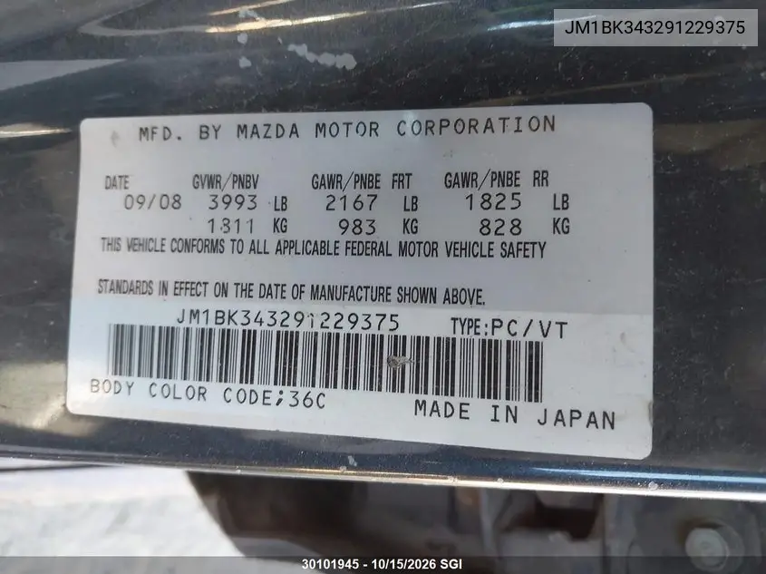 2009 MAZDA 3 VIN JM1BK343291229375 — фото 9