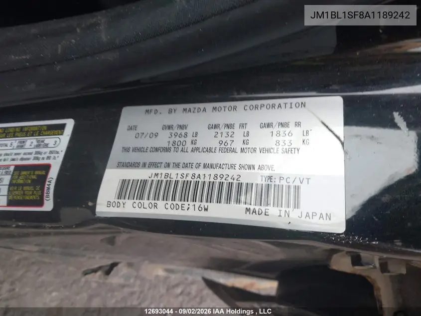 2010 MAZDA 3 VIN JM1BL1SF8A1189242 — фото 9