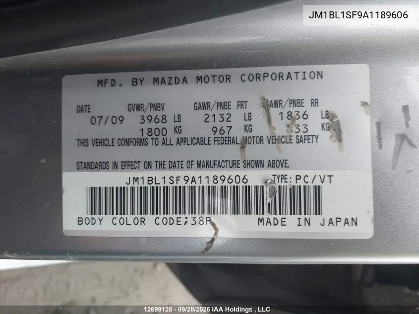 2010 MAZDA 3 VIN JM1BL1SF9A1189606 — фото 9