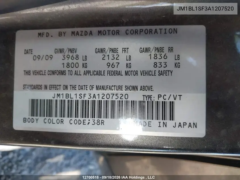 2010 MAZDA 3 VIN JM1BL1SF3A1207520 — фото 9
