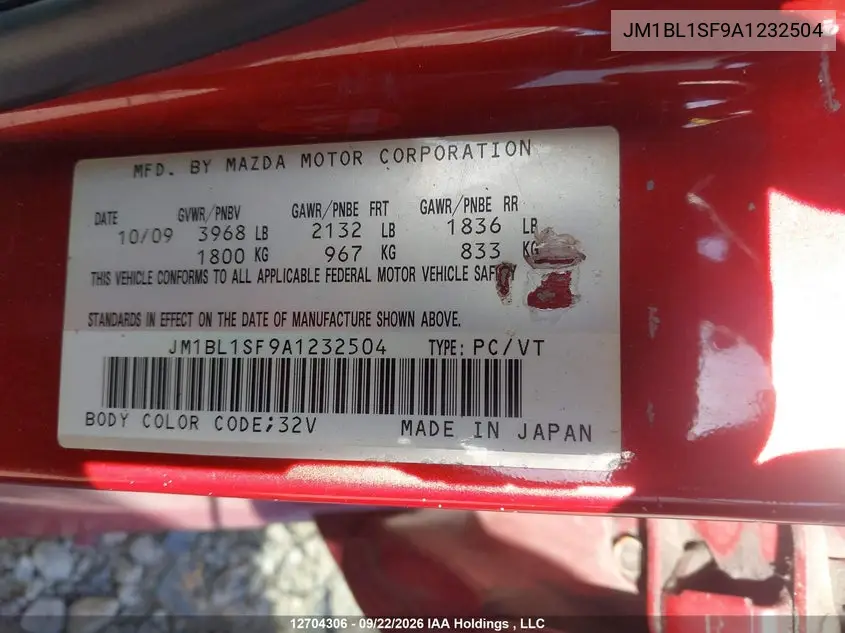 2010 MAZDA 3 VIN JM1BL1SF9A1232504 — фото 9