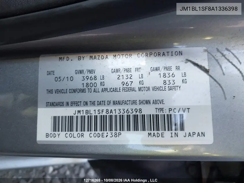 2010 MAZDA 3 VIN JM1BL1SF8A1336398 — фото 9